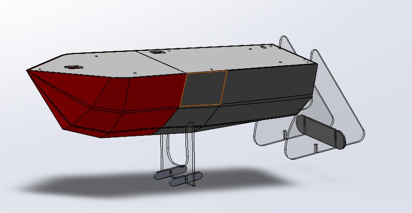 SolidWorks model of one hull, red bow and dark grey stern, with clear acrylic mounting plates