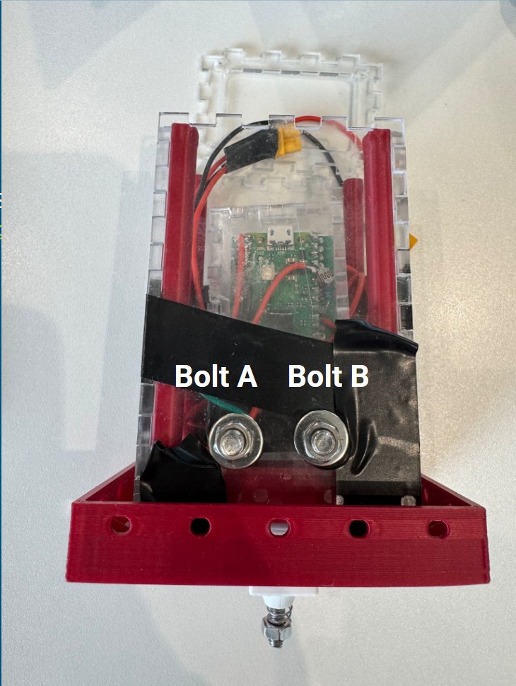 Inside the sensor pod: Raspberry Pi Pico, wiring, and two stainless bolts labeled A and B
