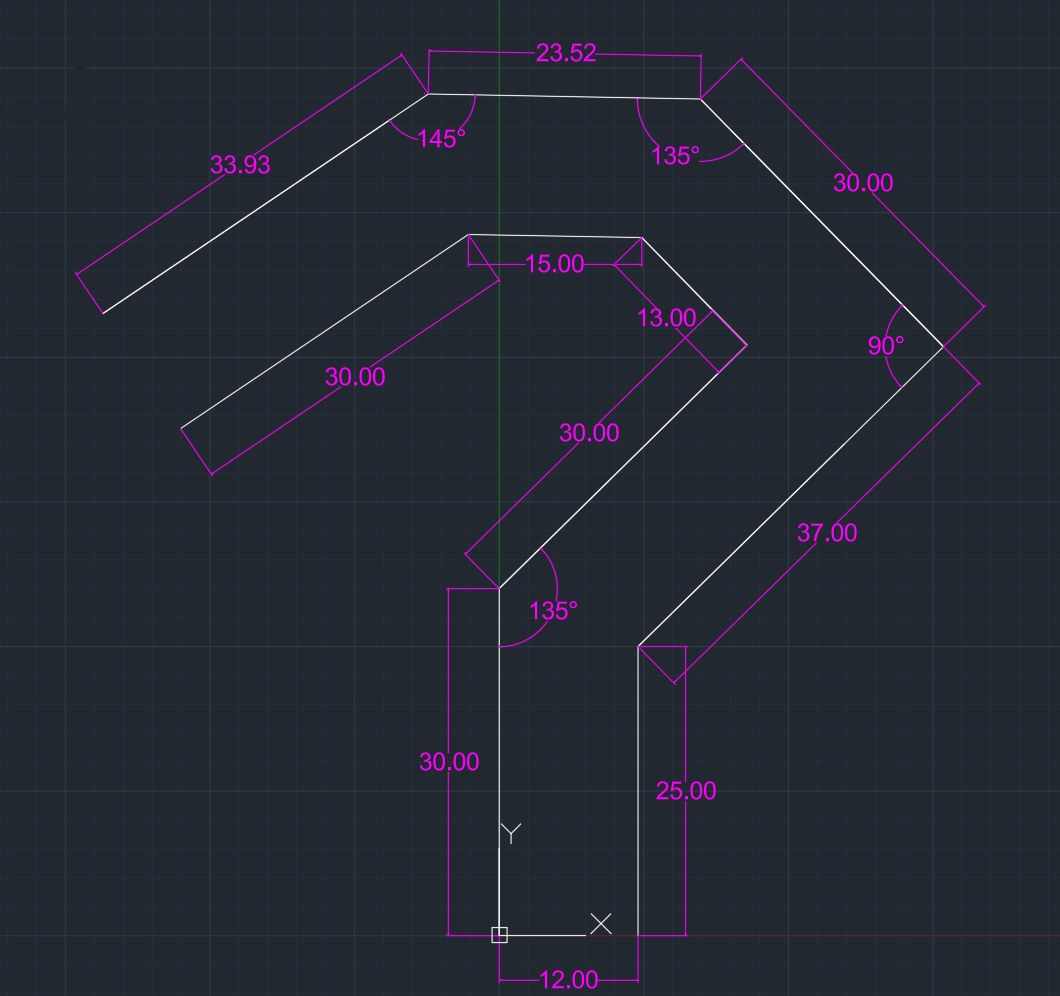 AutoCAD drawing of the test maze with wall lengths and angles dimensioned