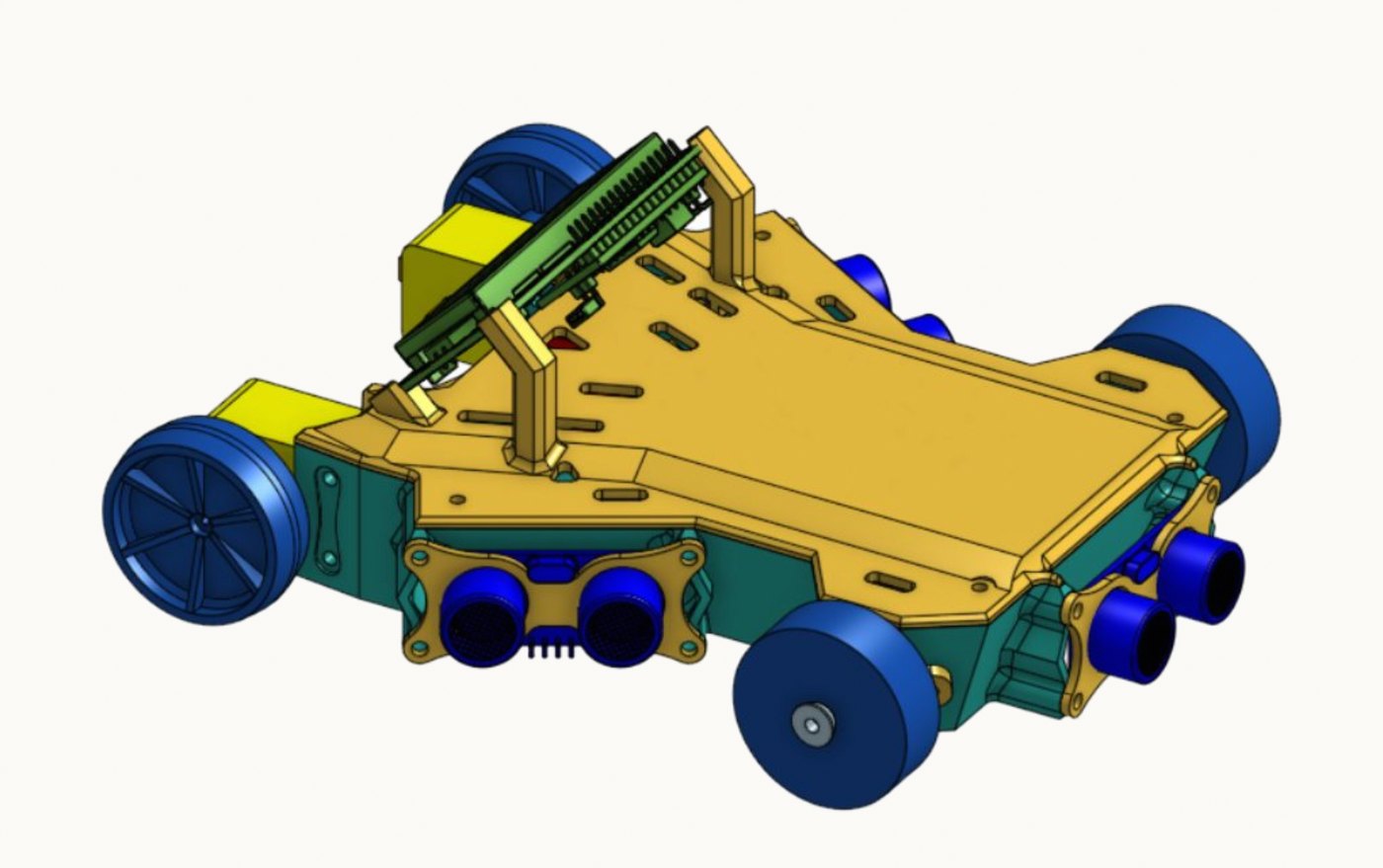 Onshape CAD render of the robot chassis with wheels, ultrasonic sensors, and the Pico mount