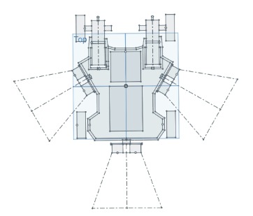 Top-view chassis sketch with dashed cones showing each ultrasonic sensor's field of view